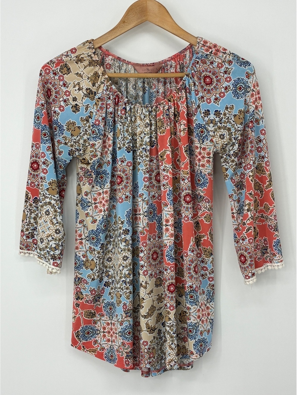 sjs Women's Bohemian Floral Pattern 3/4 Long Sleeve Blouse Top Size Large